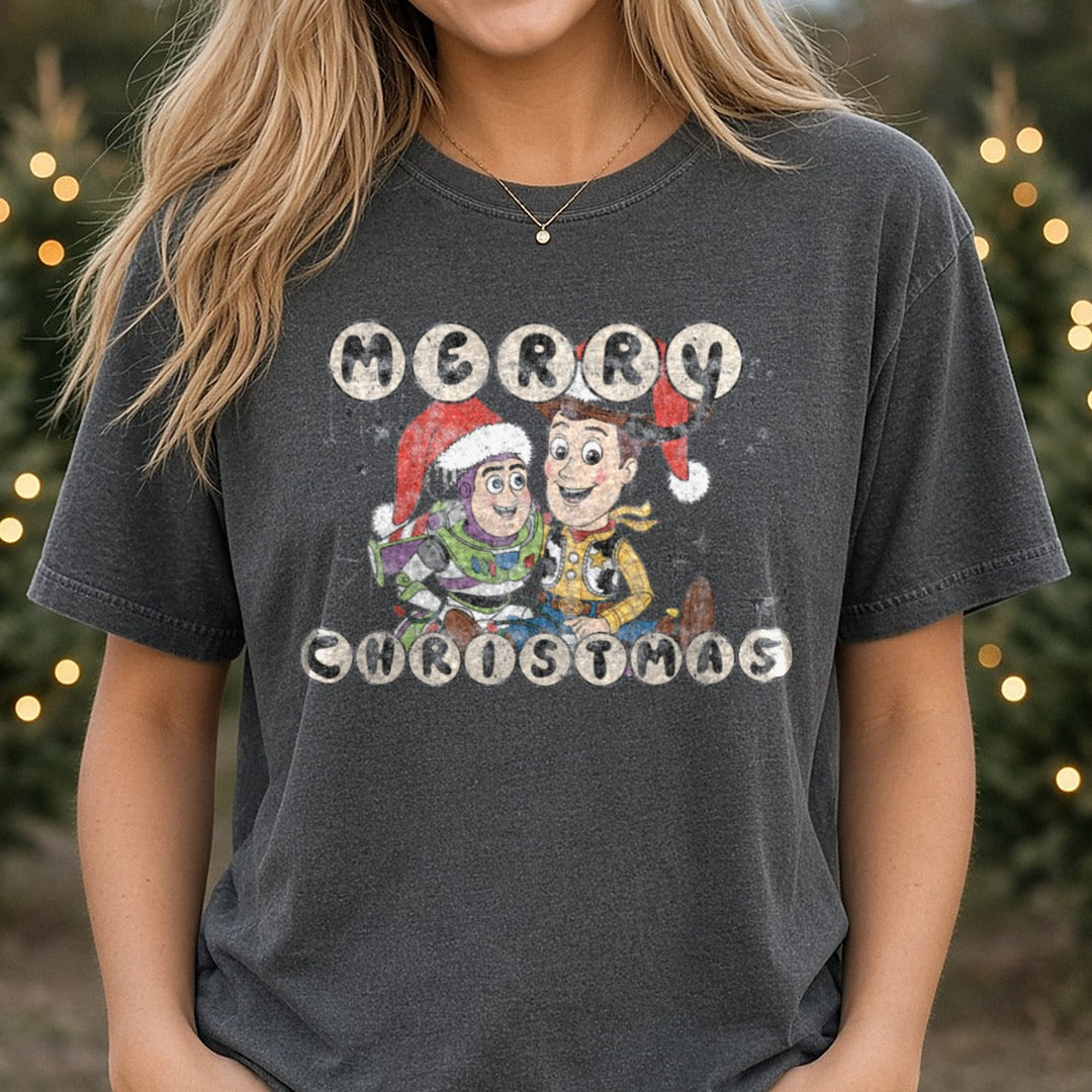 Merry Christmas Toy Story DTF transfer shown on a Comfort Colors tee