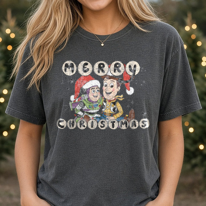 Merry Christmas Toy Story DTF transfer shown on a Comfort Colors tee