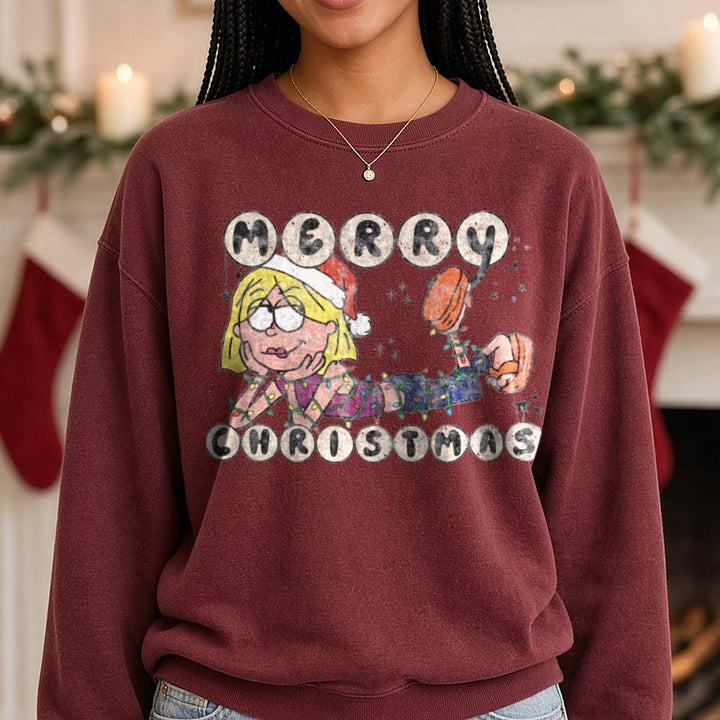 Merry Christmas Lizzie McGuire DTF transfer shown on a Comfort Colors sweatshirt