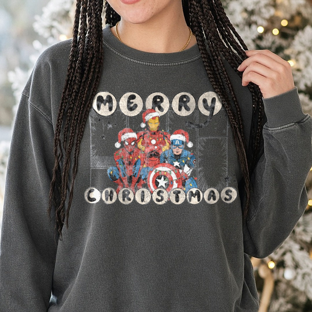 Merry Christmas marvel DTF transfer shown on a Comfort Colors sweatshirt