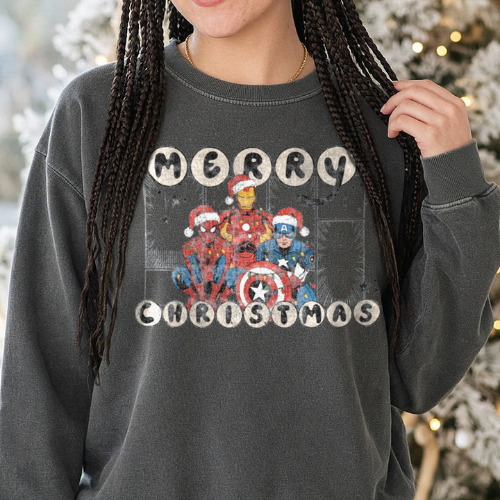 Merry Christmas marvel DTF transfer shown on a Comfort Colors sweatshirt