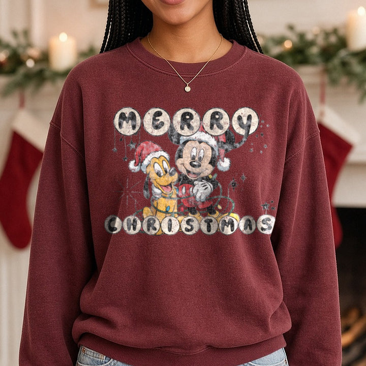 Merry Christmas Mickey DTF transfer shown on a Comfort Colors sweatshirt