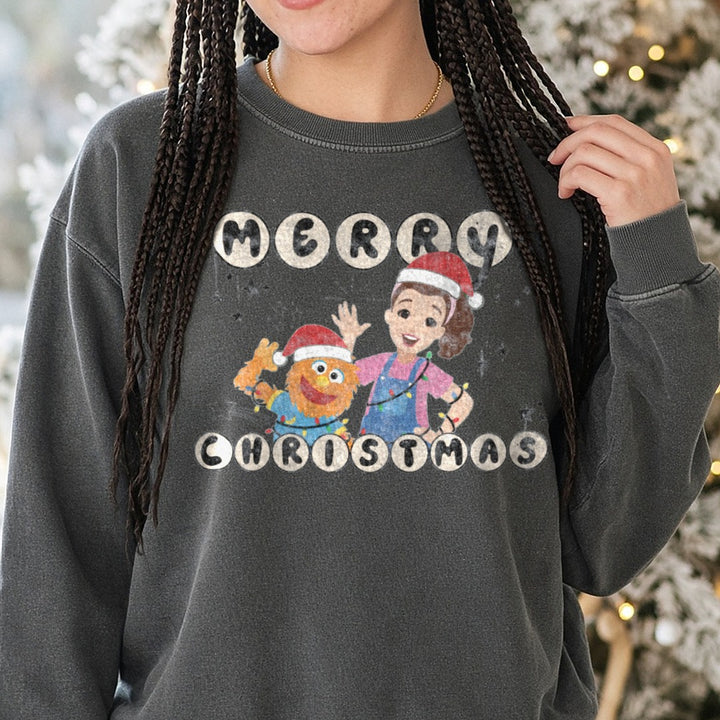 Merry Christmas ms Rachel DTF transfer shown on a Comfort Colors sweatshirt