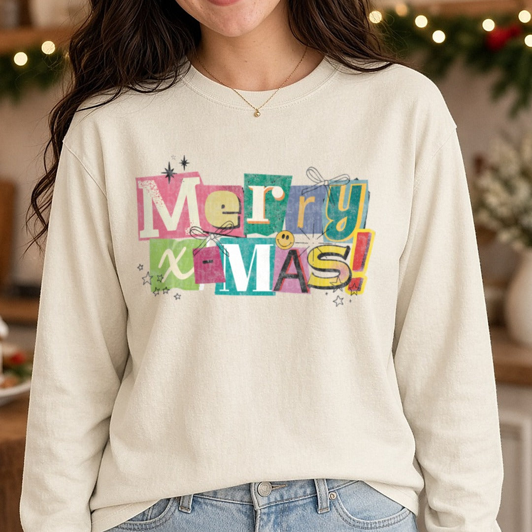 Merry Xmas distressed DTF transfer shown on a Comfort Colors long sleeve tee
