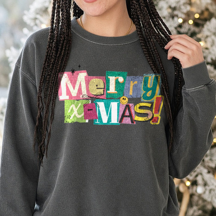 Merry Xmas DTF transfer shown on a Comfort Colors sweatshirt