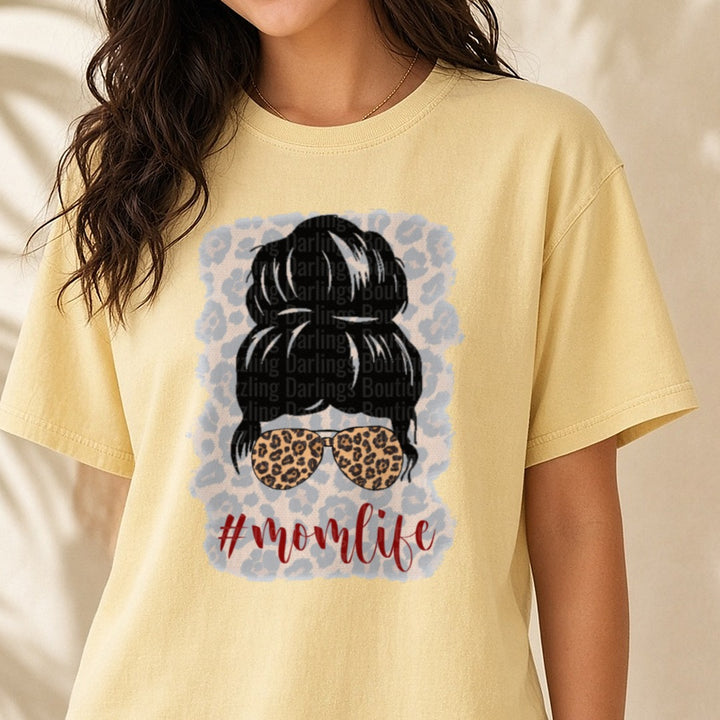 Momlife Messy Bun Leopard Sunglasses DTF transfer shown on a Comfort Colors tee