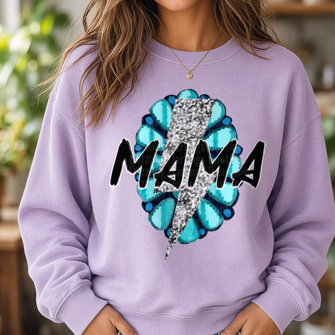 Mama Turquoise Glitter Lightning Bolt Western DTF transfer shown on a Comfort Colors sweatshirt
