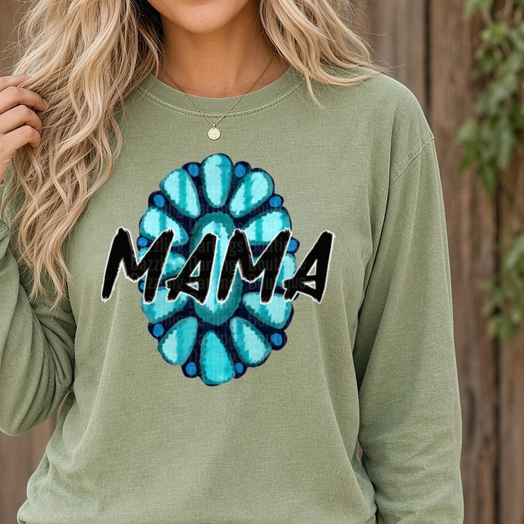 Mama Turquoise Squash Blossom Western DTF transfer shown on a Comfort Colors long sleeve tee