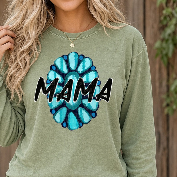 Mama Turquoise Squash Blossom Western DTF transfer shown on a Comfort Colors long sleeve tee