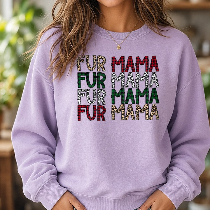 Fur Mama Leopard Buffalo Plaid Cow Print Stacked DTF transfer shown on a Comfort Colors sweatshirt