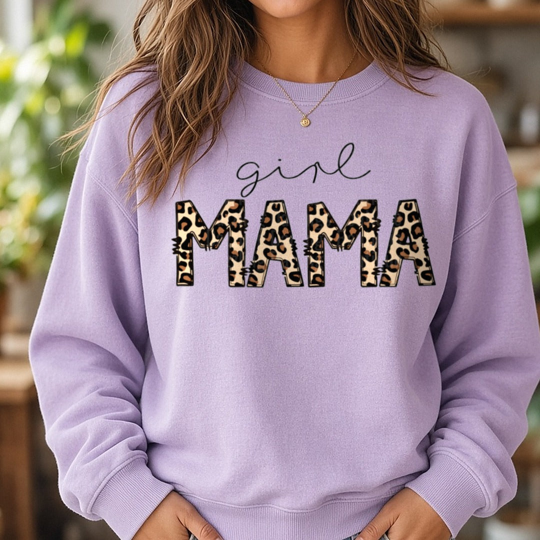 Girl Mama Leopard Letters DTF transfer shown on a Comfort Colors sweatshirt