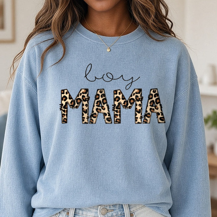 Boy Mama Leopard Letters DTF transfer shown on a Comfort Colors sweatshirt