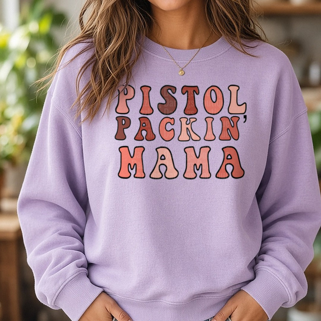 Pistol Packin' Mama Retro DTF transfer shown on a Comfort Colors sweatshirt
