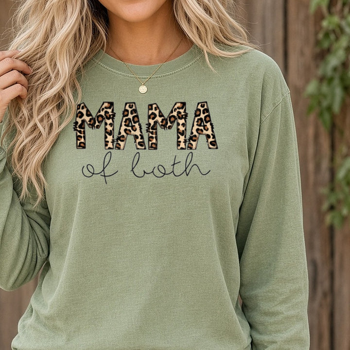 Mama Of Both Leopard Letters DTF transfer shown on a Comfort Colors long sleeve tee