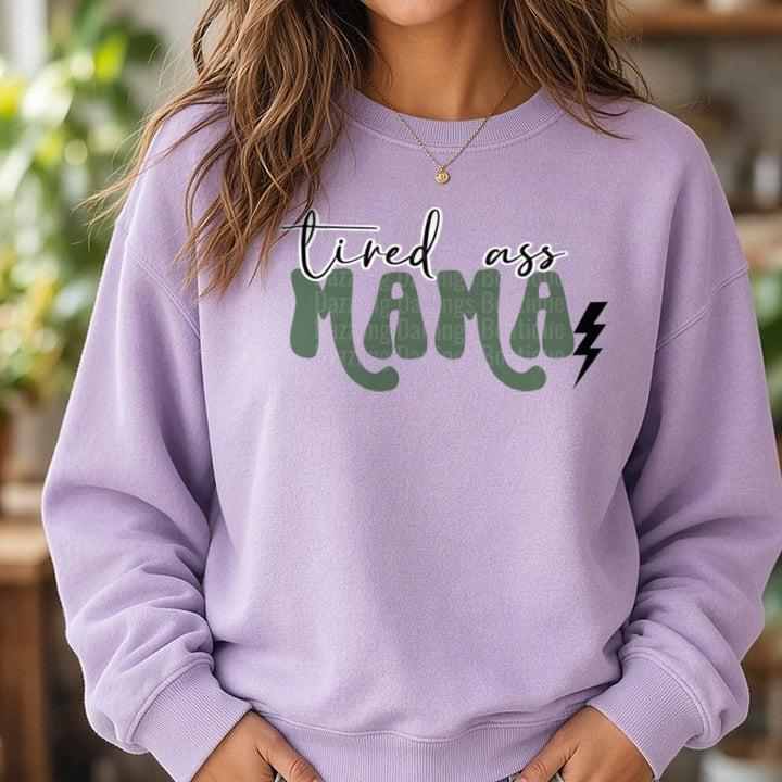 Tired A** Mama Lightning Bolt Retro DTF transfer shown on a Comfort Colors sweatshirt