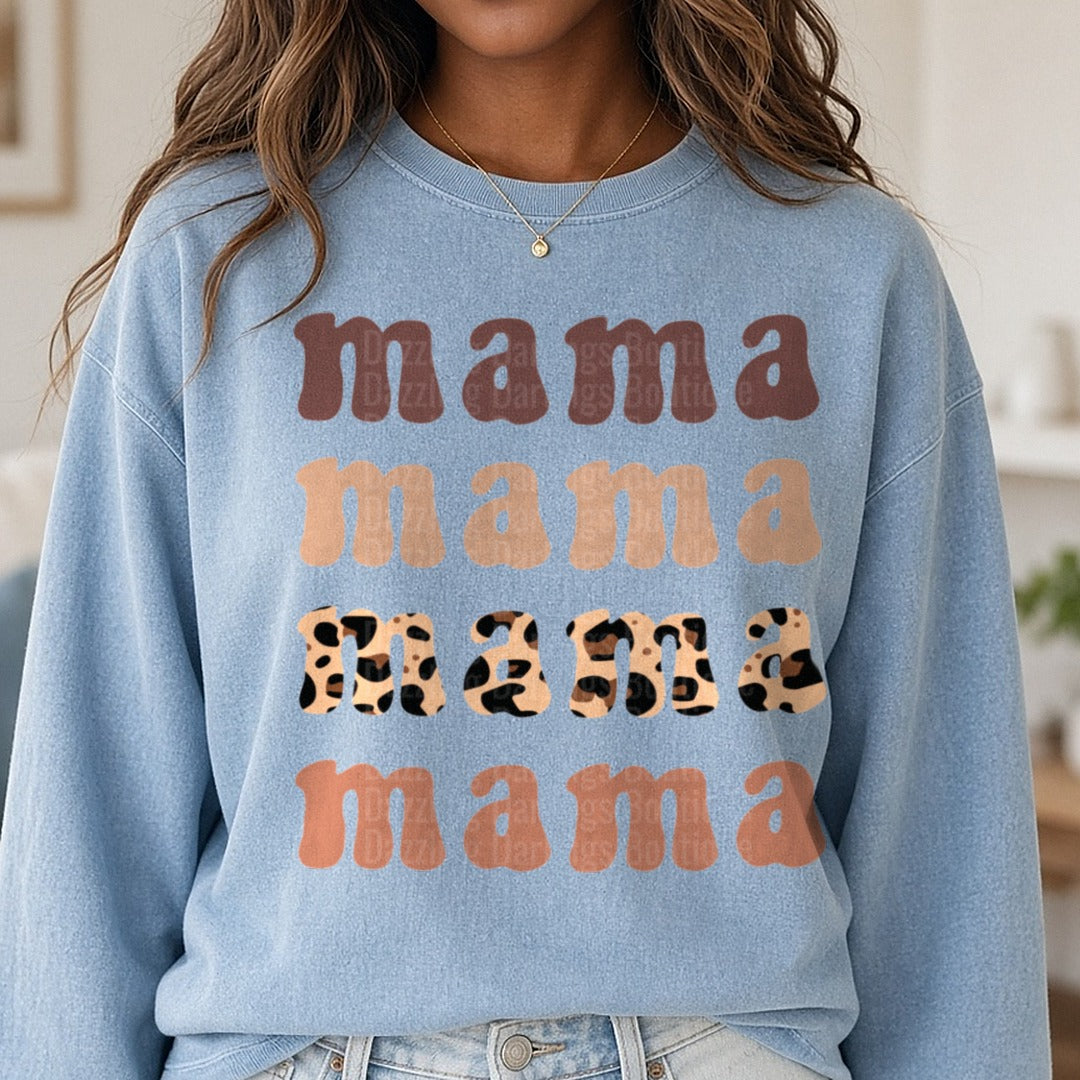 Mama Stacked Retro Leopard Neutral DTF transfer shown on a Comfort Colors sweatshirt