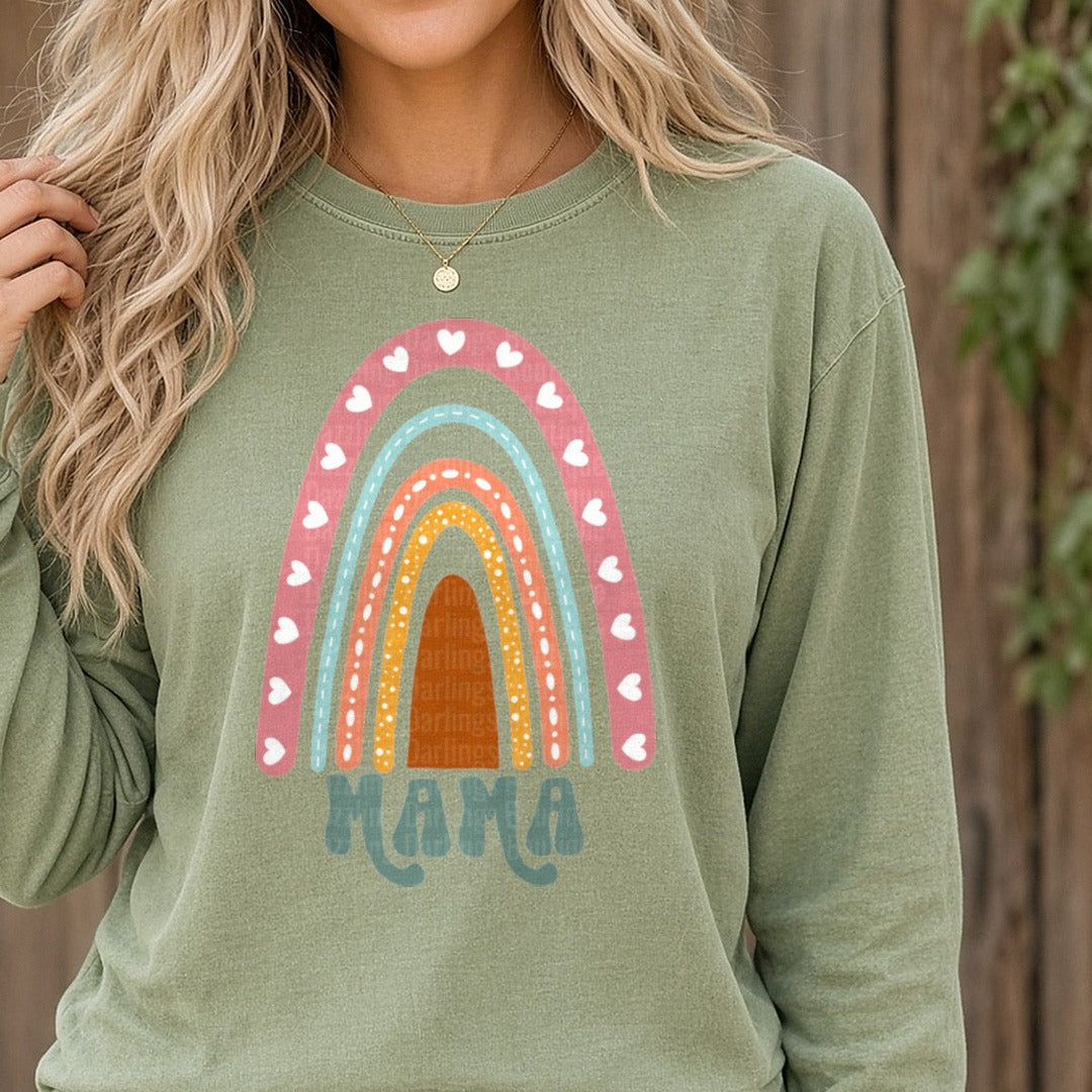 Mama Boho Rainbow Hearts DTF transfer shown on a Comfort Colors long sleeve tee
