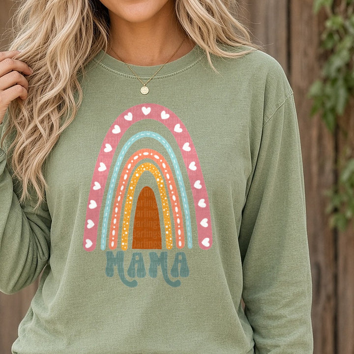 Mama Boho Rainbow Hearts DTF transfer shown on a Comfort Colors long sleeve tee