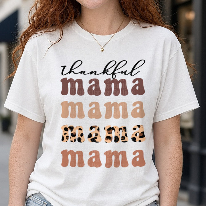 Thankful Mama Stacked Retro Leopard Fall DTF transfer shown on a Comfort Colors tee