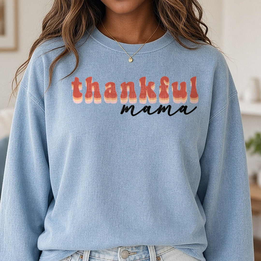 Thankful Mama Retro Fall DTF transfer shown on a Comfort Colors sweatshirt