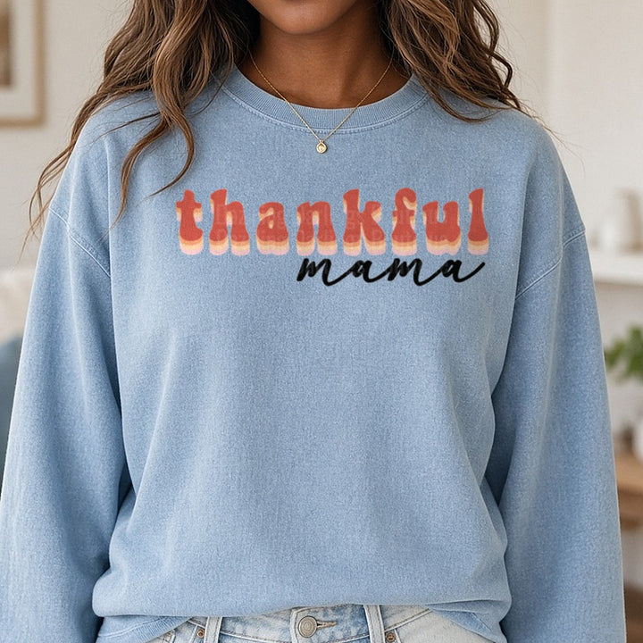 Thankful Mama Retro Fall DTF transfer shown on a Comfort Colors sweatshirt