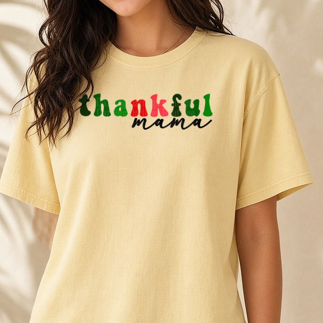 Thankful Mama Retro Christmas Red Green DTF transfer shown on a Comfort Colors tee