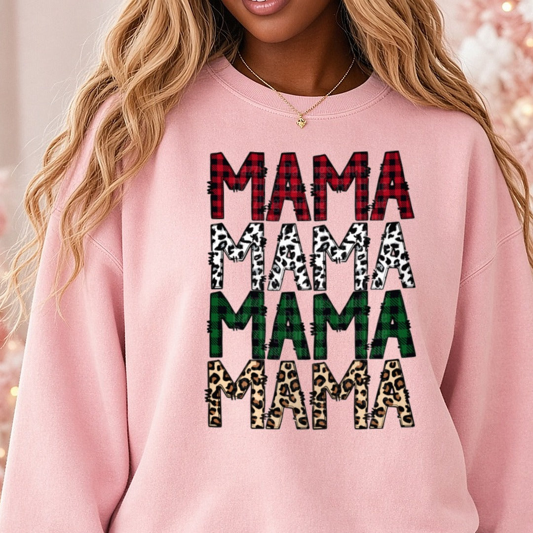 Mama Stacked Buffalo Plaid Leopard Christmas DTF transfer shown on a Comfort Colors sweatshirt