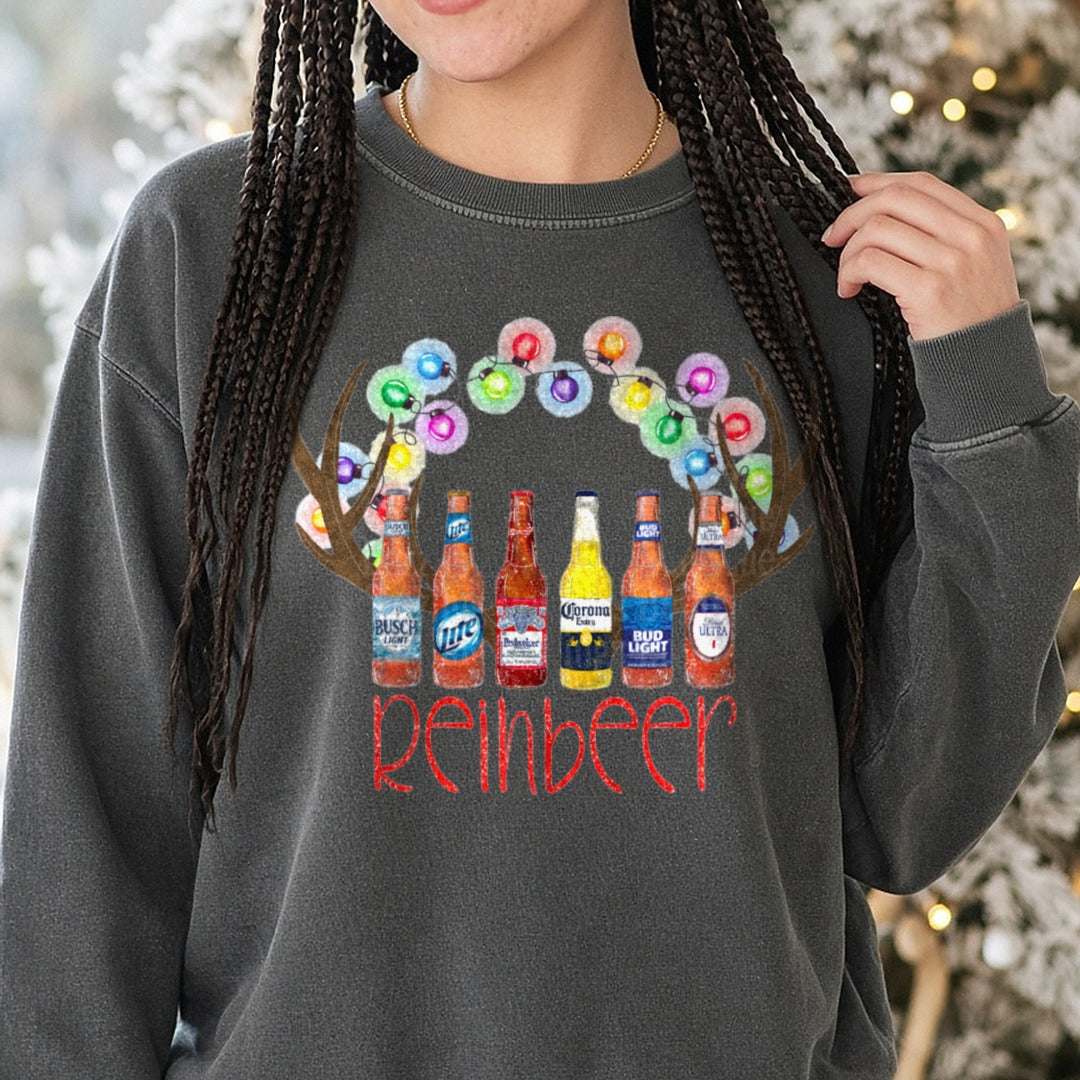 Reinbeer Beer Bottle Antlers Christmas Lights DTF transfer shown on a Comfort Colors sweatshirt