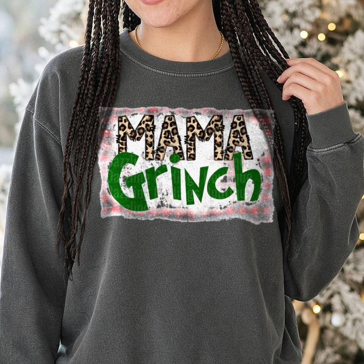 Mama Grinch Leopard Christmas DTF transfer shown on a Comfort Colors sweatshirt
