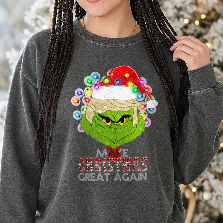 Make Christmas Great Again Trump Grinch DTF transfer shown on a Comfort Colors sweatshirt