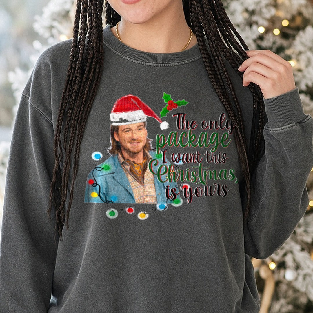 The Only Package I Want This Christmas Is Yours Country Singer DTF transfer shown on a Comfort Colors sweatshirt
