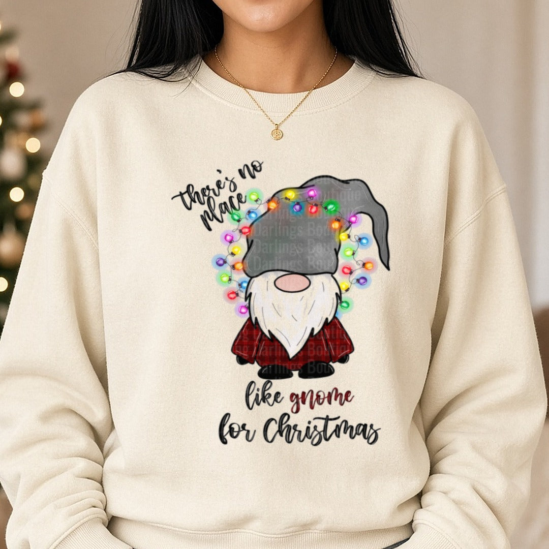 There's No Place Like Gnome For Christmas DTF transfer shown on a Comfort Colors sweatshirt