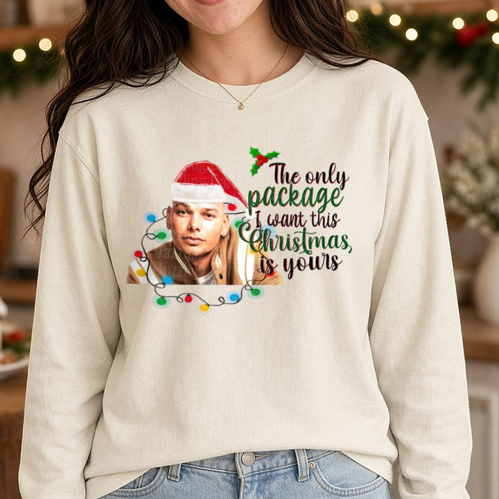 The Only Package I Want This Christmas Is Yours Country Singer Lights DTF transfer shown on a Comfort Colors long sleeve tee