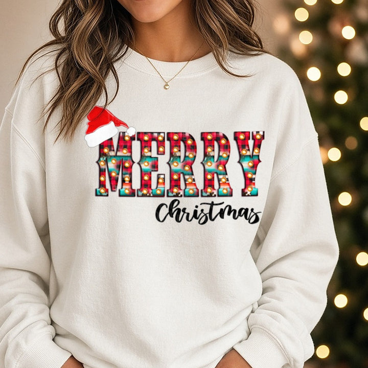 Merry Christmas Marquee Letters Santa Hat DTF transfer shown on a Comfort Colors sweatshirt