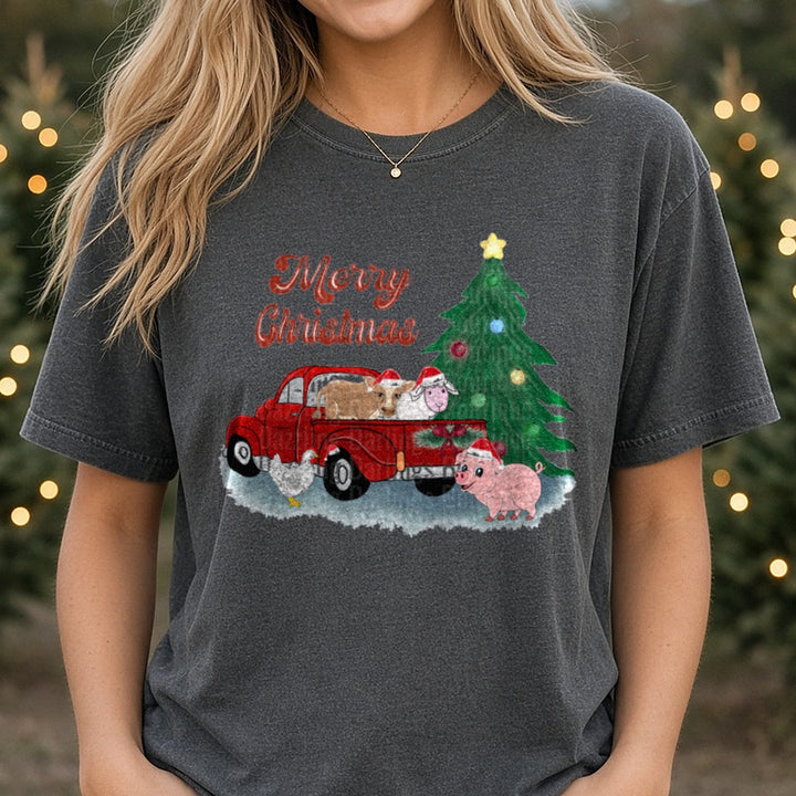 Merry Christmas Red Farm Truck Christmas Tree Animals DTF transfer shown on a Comfort Colors tee