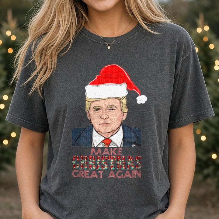 Make Christmas Great Again Trump Santa Hat DTF transfer shown on a Comfort Colors tee