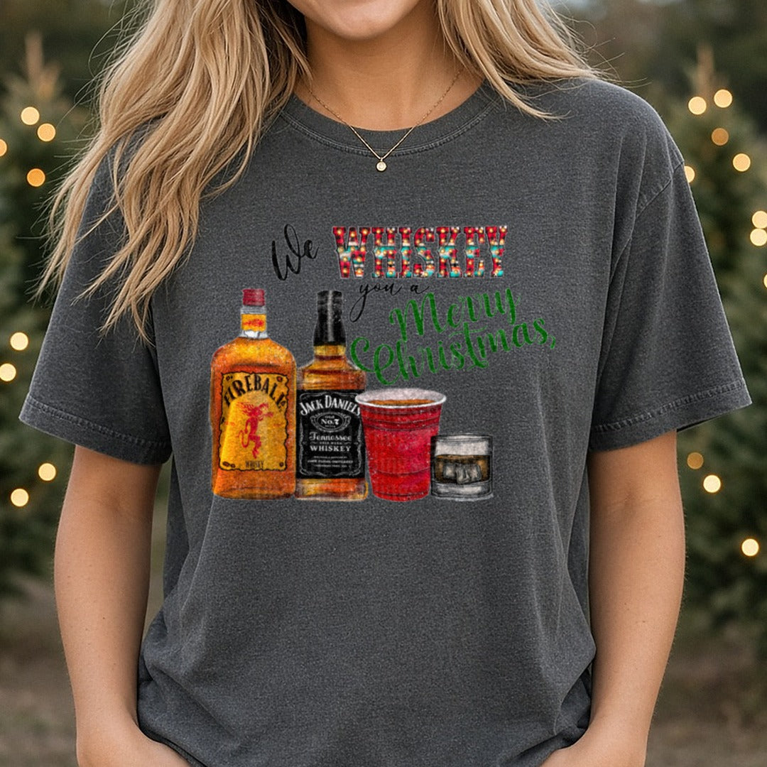 We Whiskey You A Merry Christmas DTF transfer shown on a Comfort Colors tee