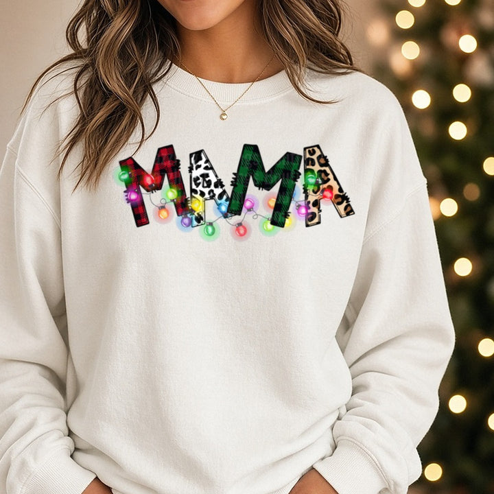 Mama Buffalo Plaid Leopard Christmas Lights DTF transfer shown on a Comfort Colors sweatshirt