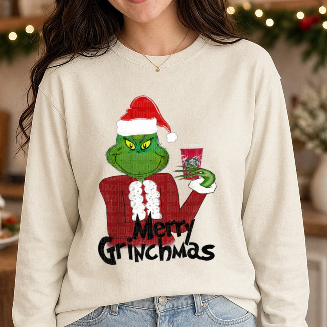 Merry Grinchmas Grinch Santa Coffee DTF transfer shown on a Comfort Colors long sleeve tee