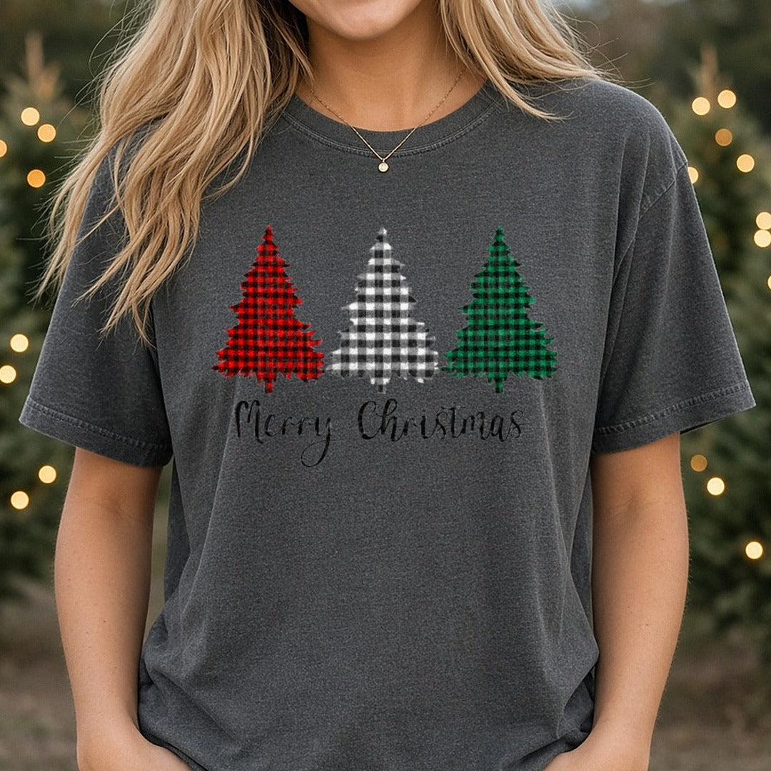 Merry Christmas Buffalo Plaid Christmas Trees DTF transfer shown on a Comfort Colors tee