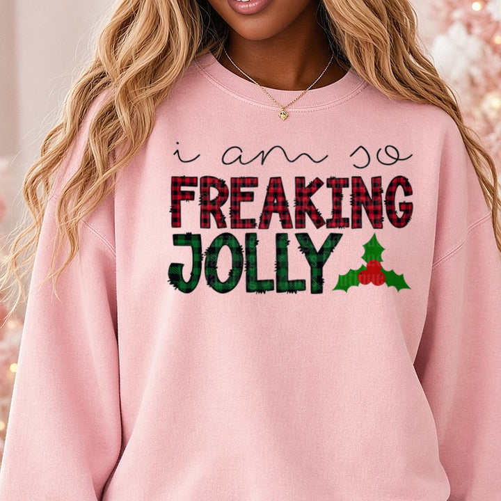 I Am So Freaking Jolly Buffalo Plaid Holly Christmas DTF transfer shown on a Comfort Colors sweatshirt