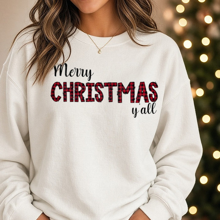 Merry Christmas Y'all Buffalo Plaid DTF transfer shown on a Comfort Colors sweatshirt