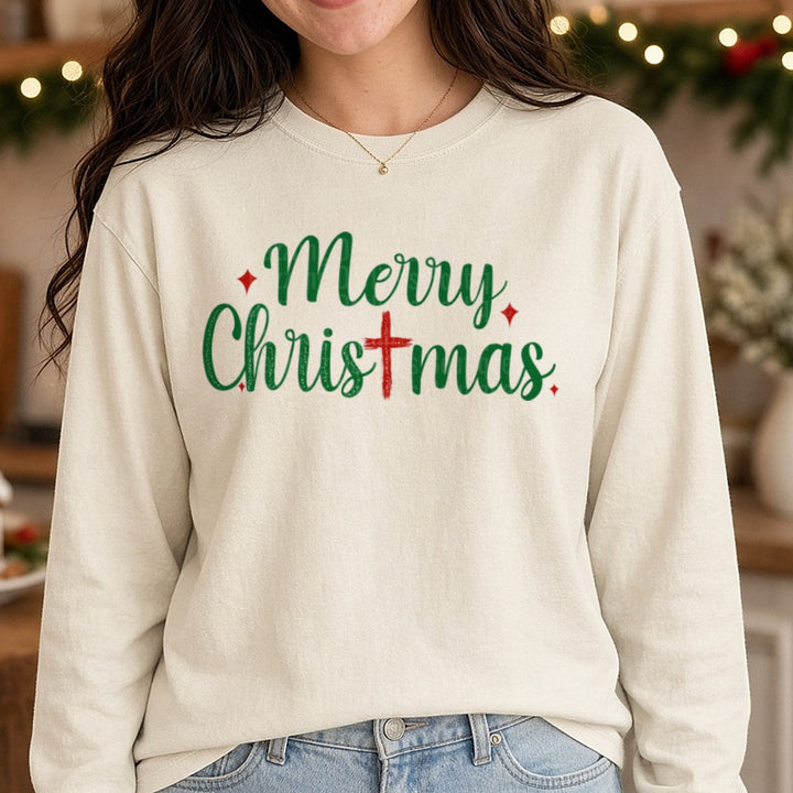 Merry Christmas Cross Green Red DTF transfer shown on a Comfort Colors long sleeve tee