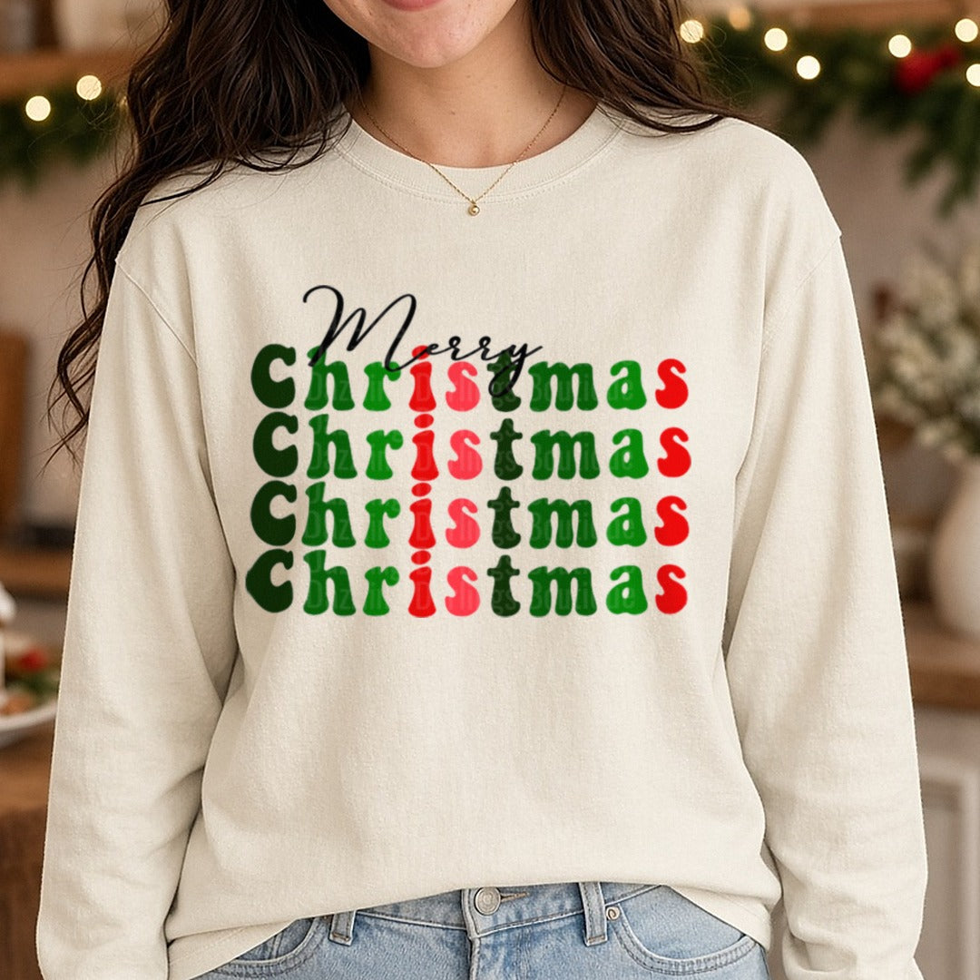Merry Christmas Stacked Retro Green Red DTF transfer shown on a Comfort Colors long sleeve tee