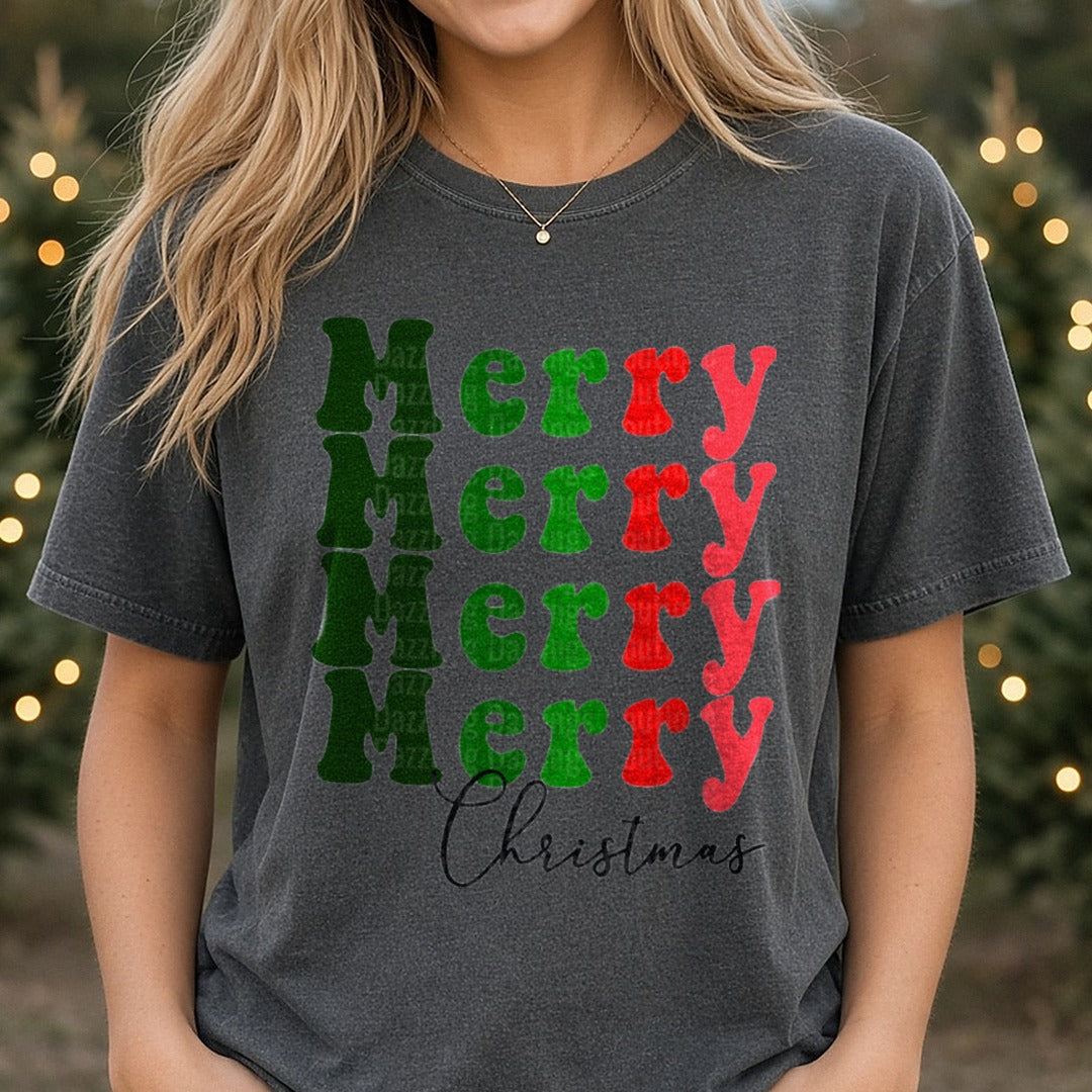 Merry Merry Merry Christmas Stacked Retro DTF transfer shown on a Comfort Colors tee
