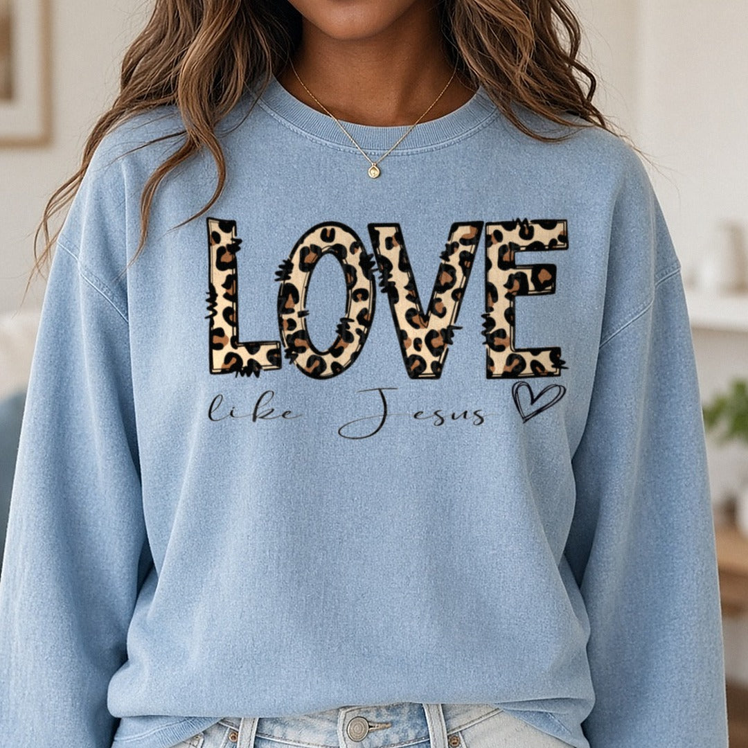 Love Like Jesus Leopard Letters DTF transfer shown on a Comfort Colors sweatshirt
