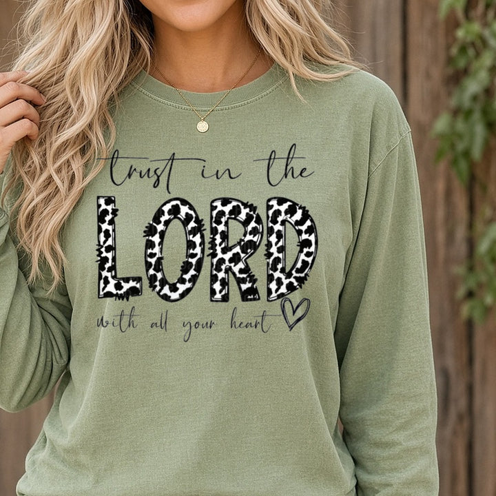 Trust In The Lord With All Your Heart Leopard DTF transfer shown on a Comfort Colors long sleeve tee