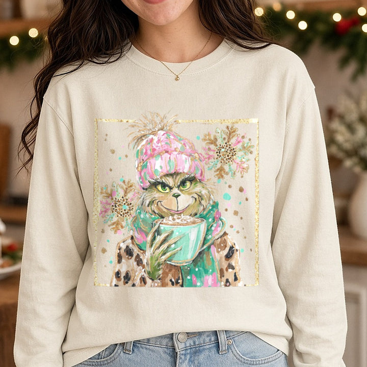 Coffee grinch DTF transfer shown on a Comfort Colors long sleeve tee