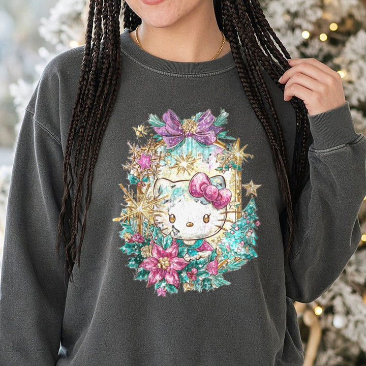 Hello Kitty DTF transfer shown on a Comfort Colors sweatshirt