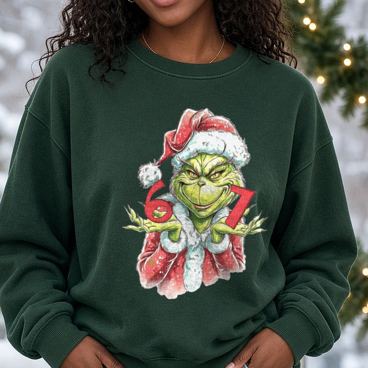 6 7 Grinch Santa Suit Christmas DTF transfer shown on a Comfort Colors sweatshirt